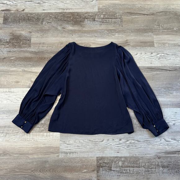 Lilly Pulitzer Navy Blouse Pleated Balloon Sleeve Gold Button Cuffs XL - Picture 2 of 7